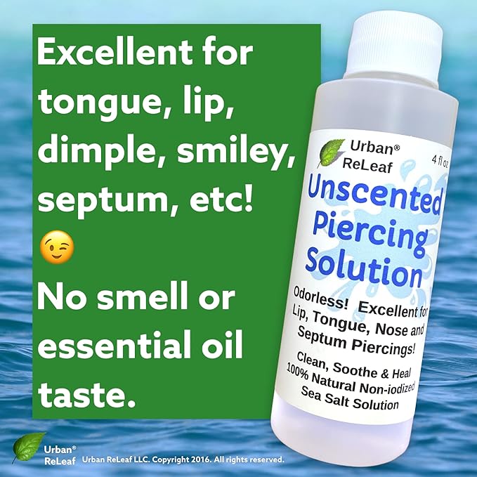 Urban ReLeaf Unscented Piercing Solution ! Non-Iodized Sea Salt Healing Soak. Lip, Tongue, Septum, Dimple, Mouth. NO Scent. Ready to use. Made Fresh in USA. Soothe & Calm.