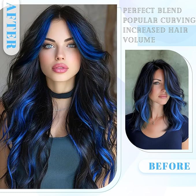 Vigorous Clip in Long Wavy Synthetic Hair Extension 4PCS Blue Black Highlights Hair Extensions 20Inch Easy to Install for Daily Use and Event Party Use