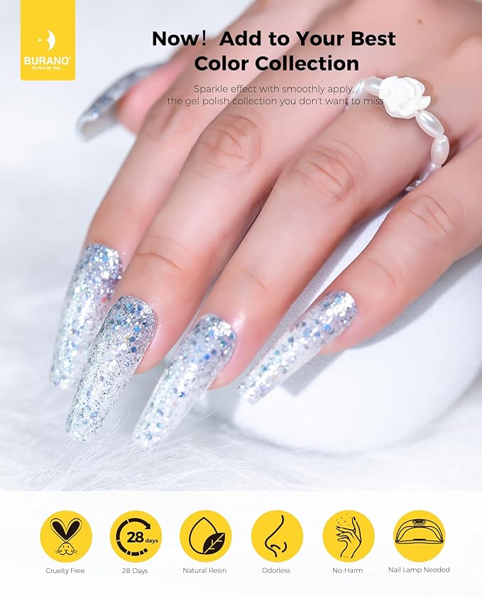 BURANO Glitter Gel Nail Polish with LED UV Curing, Sparkle Gel Holographic Effect, Soak off, No Chip Home DIY Salon (Silver LP19)