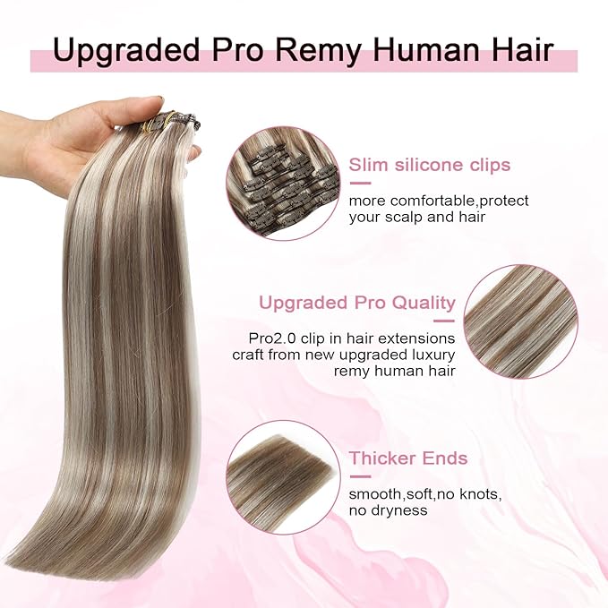 Pro2.0 Clip in Hair Extensions Real Human Hair 20inch 7pcs Color #8p60 Brown Highlights Platinum Blonde Remy Real Human Hair Extensions Clip ins 120g Thick Double Weft（#8p60-20inch）