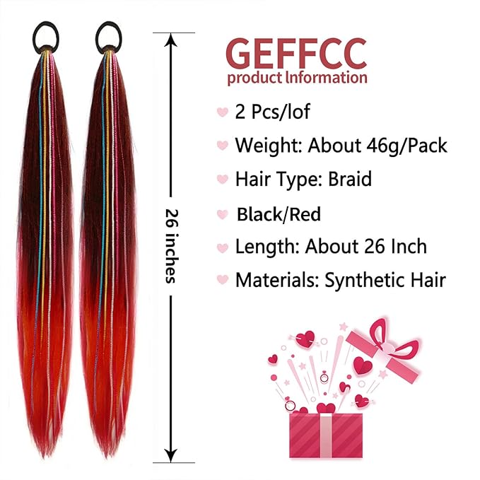 2 Pack Braid Ponytail Extensions, 26 Inch Braided Ponytail Wig with Elastic Tie for Girls (Black/Red#, 26 Inch (Pack of 2))
