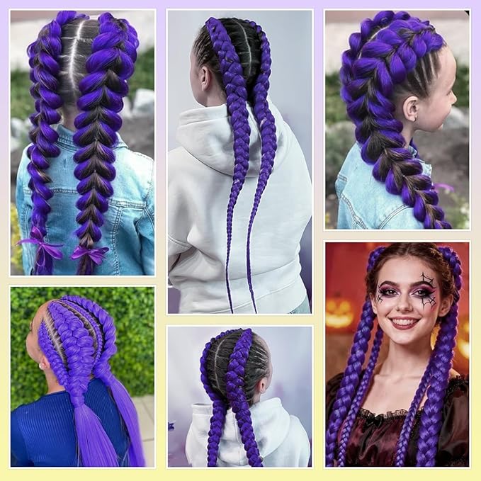 24 inch Purple Braids Ponytail Hair Pre Braiding Hair with Tie Synthetic Purple Hair Extensions for Halloween Costume Cosplay（24inch Braids Ponytail）