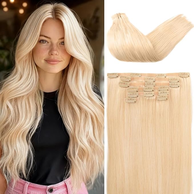 Seamless Clip in Hair Extensions Real Human Hair For Women 125g 20 Inch Platinum Blonde Invisible PU Skin Weft Remy Human Hair Extensions clip ins 7Pcs 18 Clips