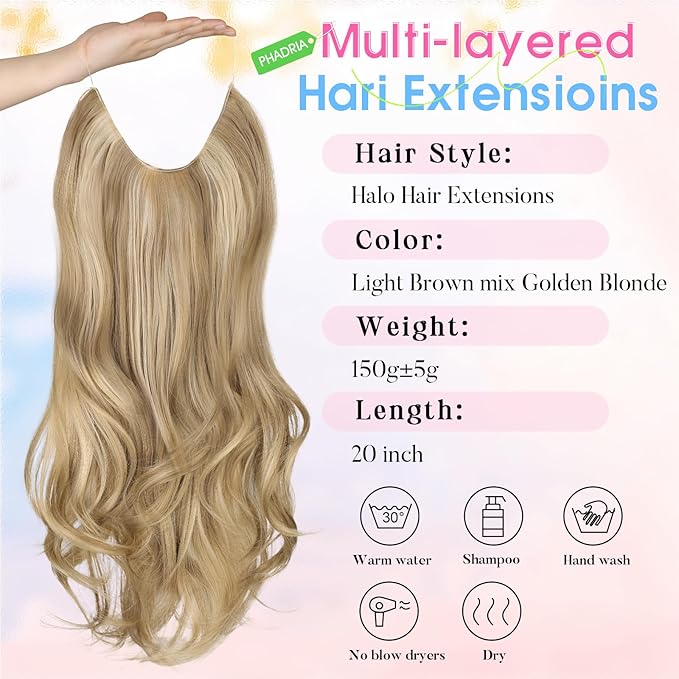 Invisible Wire Hair Extensions with Transparent Wire Adjustable Size 4 Secure Clips Long Wavy Secret Hairpiece 20 Inch for Women(Light Brown mix Golden Blonde)