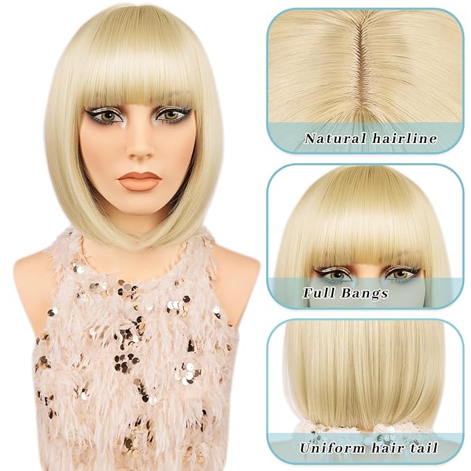 MAYSA Blonde Bob Wig with Bangs for Women Short Straight Beige Bob Wig 12in Synthetic Daily Party Natural Looking Wigs # Blonde