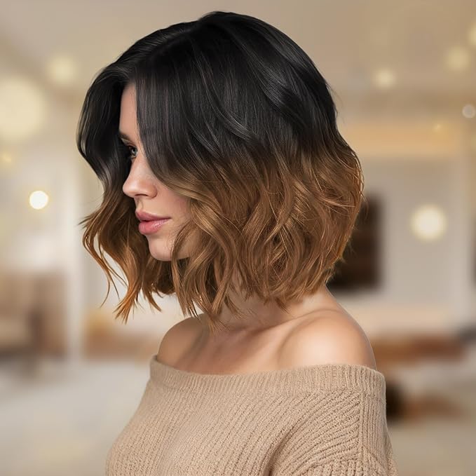 Ombre Brown Short Wavy Wig for Women Lace Hairline Bob Style Synthetic Heat Resistant - Natural Appearance for Everyday Hairstyle 14 Inch