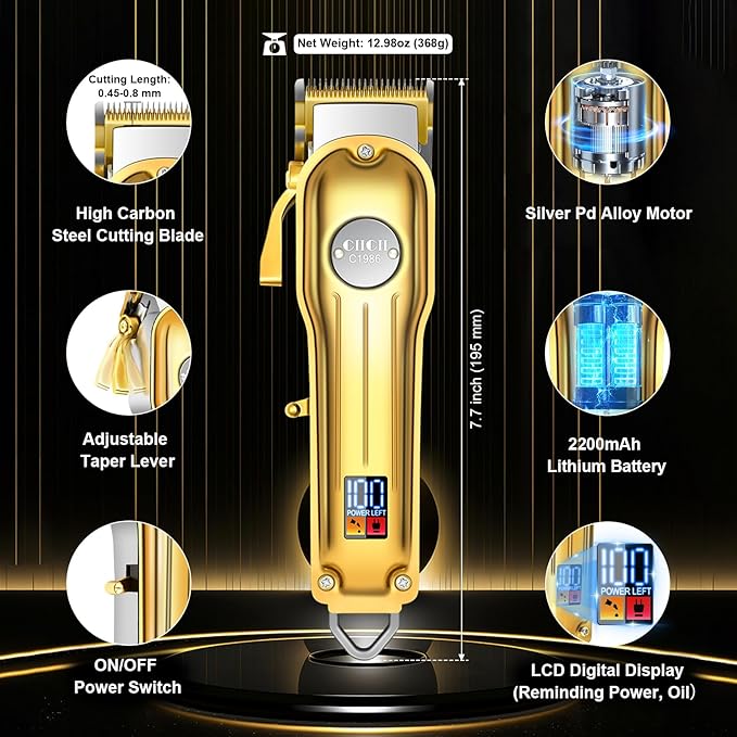 CIICII Hair Clippers for Men Professional, Cordless Barber Clippers for Hair Cutting (12Pcs Rechargeable USB Adjustable LCD Display Hair Beard Grooming Trimming Haircut Kit) for DIY Home Barber Salon