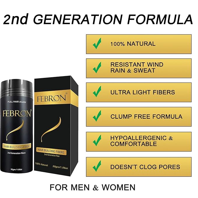 FEBRON Hair Fibers For Thinning Hair DARK BROWN For Women & Men Hair Loss Concealer Hair Powder Volumizing Based 100% Undetectable & Natural - Bald Spots Filler (30 Gram, Dark Brown)