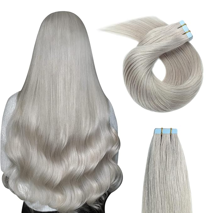 YILITE 20Pieces/Pack 50g Silver Tape in Hair Extensions Human Hair 20inch Tape in Hman Hair extensions Remy Hair, Grey Tape in Hair Extensions (20inch Silver)