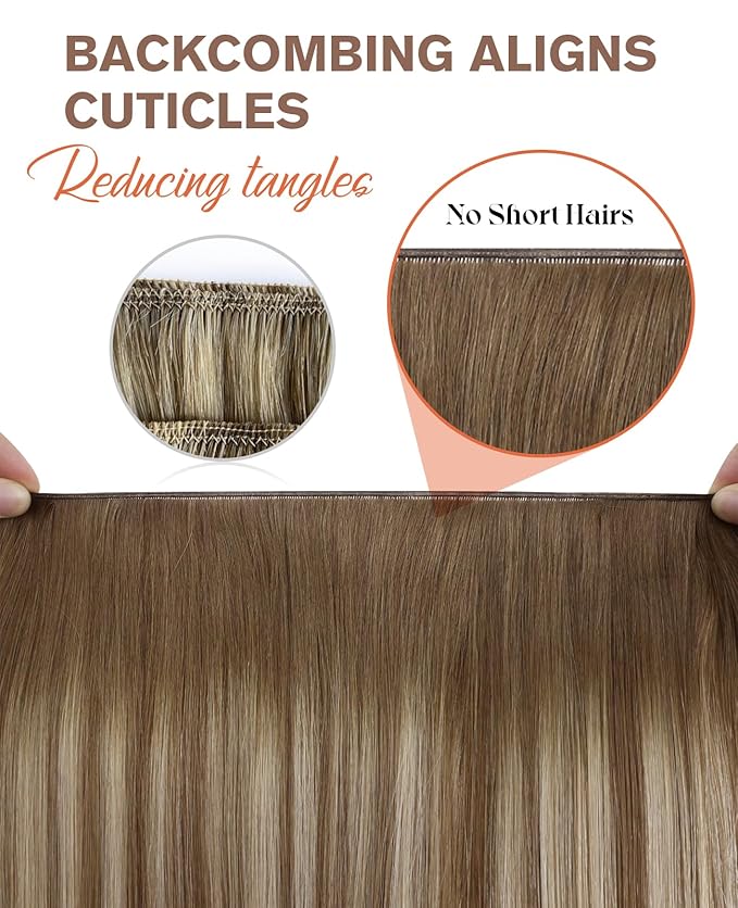 Sunny Hair 22inch Genius Weft Hair Extensions Human Hair Chestnut Brown Mix Platinum Blonde Genius Sew in Hair Weft Balayage Hand Tied Weft Human Hair Extensions for Long Hair