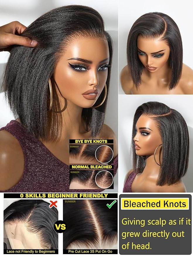 Sunber 13x4 Lace Front Human Hair Bob Wigs Pre Everything 12A Human Hair Bob Pre Plucked Invisible Knots 10Inch Short Bob Wig 150% Density Glueless Bob Wig