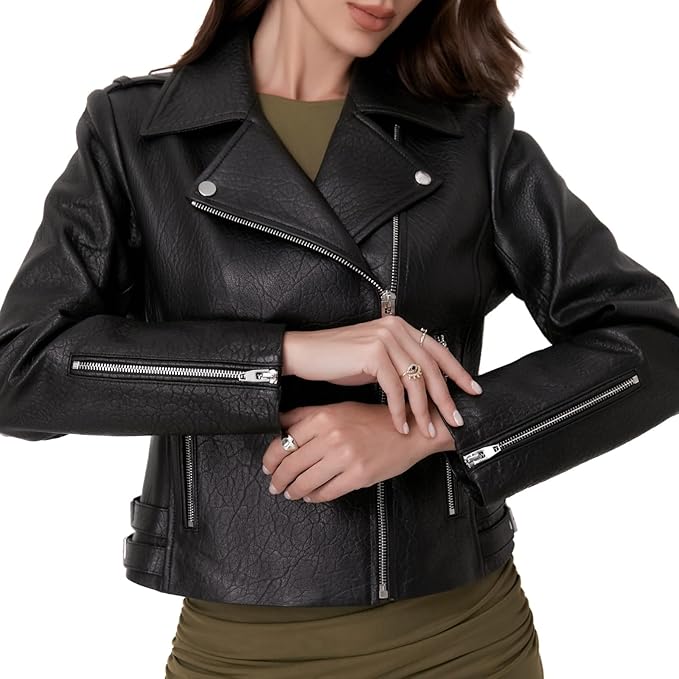 Lambskin Leather Jacket Women,Motorcycle Jacket,Asymmetrical Zip Style,Buckle Belts,Quilted Details
