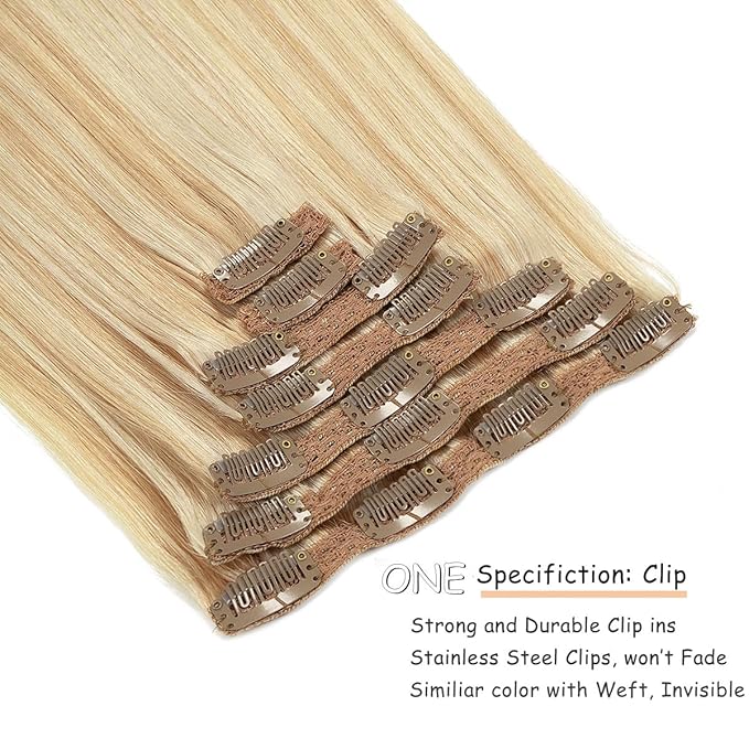 Caliee 22Inch Real Hair Extensions - Clip in Human Hair, Natural Silky Straight, Balayage, Light Golden Brown Mixed Highlight, Platinume 140G 7PCS