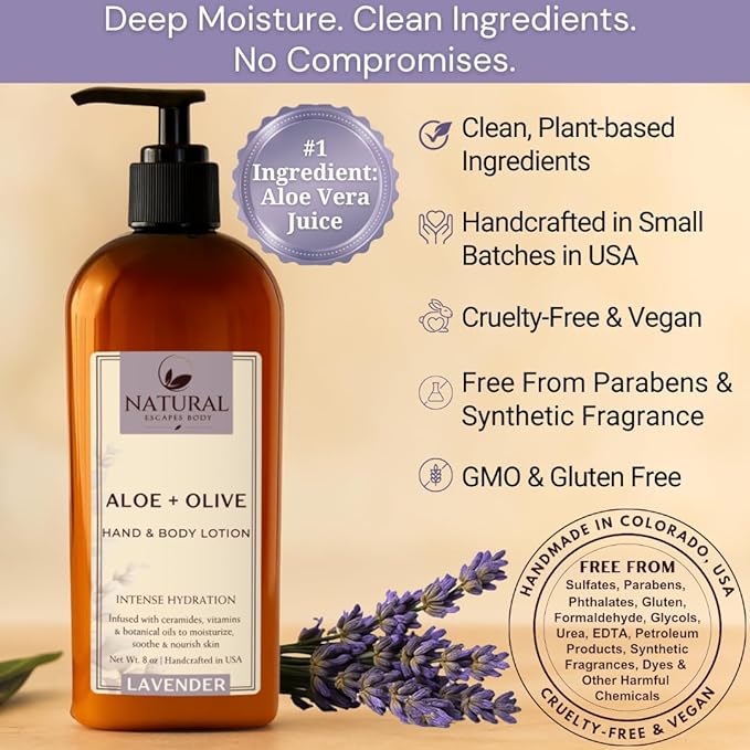 Natural Escapes Lavender Body Lotion for Dry Sensitive Skin, Eczema Relief Moisturizer with Aloe Vera, Olive Oil, Ceramides, Vitamin B5 and E, Hand and Body Cream for Women and Men, 8oz