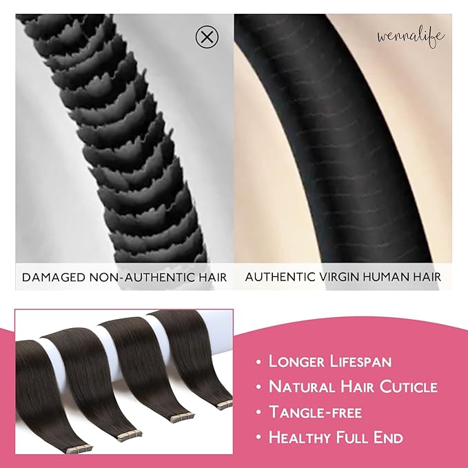 WENNALIFE Tape in Hair Extensions Human Hair Dark Brown Tape in Extensions, 10pcs 30g 24 inch Remy Invisible Tape Ins Straight Colored Soft Real Human Hair Tape in Extensions Refill Set Extensions