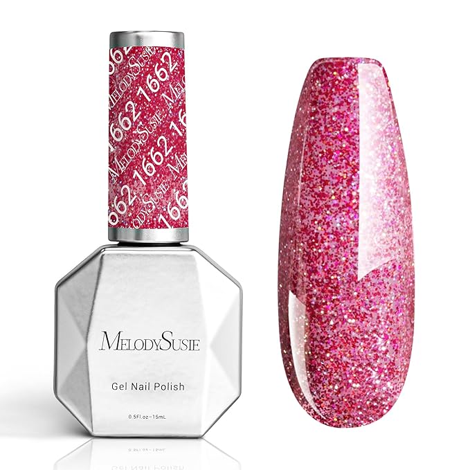 MelodySusie Strawberry Pink Glitter Gel Nail Polish,0.5 Fl Oz Soak Off UV LED Pink Sparkle Glitter Gel Polish Christmas Gift for Women Nail Art Manicure Salon DIY Nail Design Decoration at Home-A1618