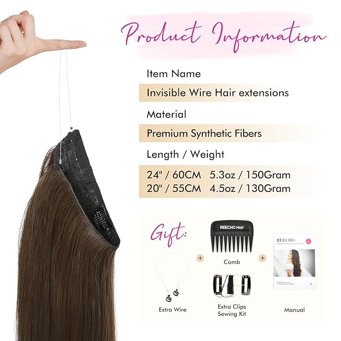 REECHO Invisible Wire Hair Extensions with Transparent Headband Adjustable Size Removable Secure Clips in Straight Secret Hairpiece for Women (18 Inch (Pack of 1), Medium Ash Brown)