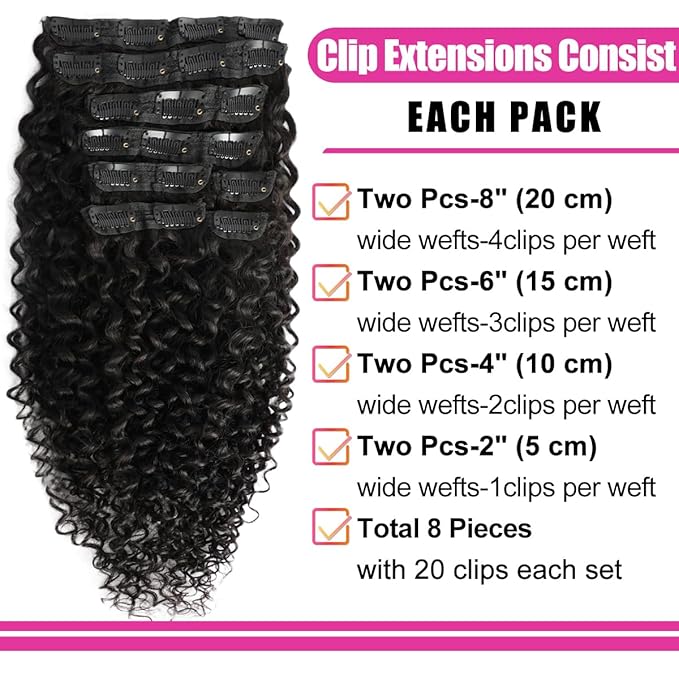 3C 4A Curly Clip In Hair Extension Real Human Hair 16 Inch Kinky Curly Clip in Hair Extensions Real Human Hair Brazilian Remy Human Hair Extensions Double Weft 8Pcs 110g Natural Black