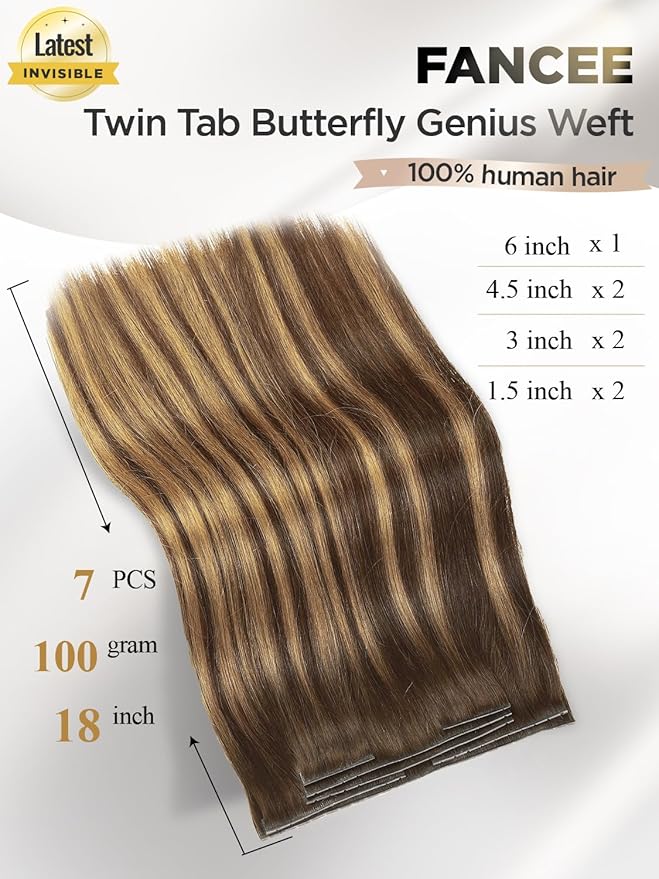 Twin Tab Butterfly Genius Weft Human Hair Extensions Latest Double Invisible Real 100% Remy Human Hair OVO Weft with Micro Bead Simulated Scalp Hair Extensions 100g 7ps 18 Inch Brown Highlight