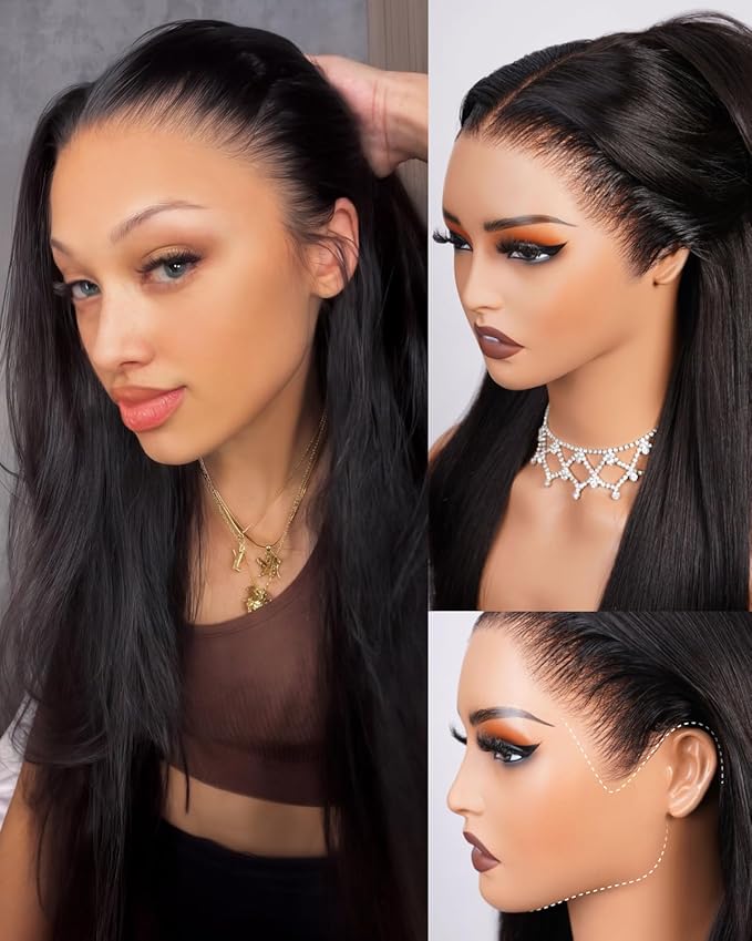 13x6 HD Lace Front Wigs Human Hair Glueless Pre Plucked Ear to Ear Bleached Knots 220% Density Straight Drawstring Wig 24 Inch