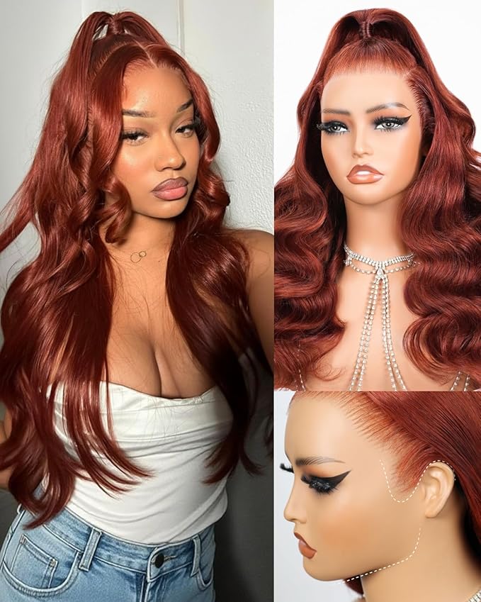 13x6 Reddish Brown Lace Front Wigs Human Hair 220% Density Glueless Ear-to-Ear HD Frontal Body Wave Wigs Human Hair Pre Plucked Pre Cut Drawstring Wig 20 Inch