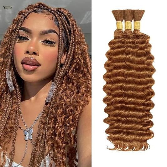 #30 Human Braidng Hair for Boho Braids 24 24 24 Inch Brown Deep Wave Bulk Human Hair for Braiding 10A Deep Wave Bulk 3 Bundles 150g