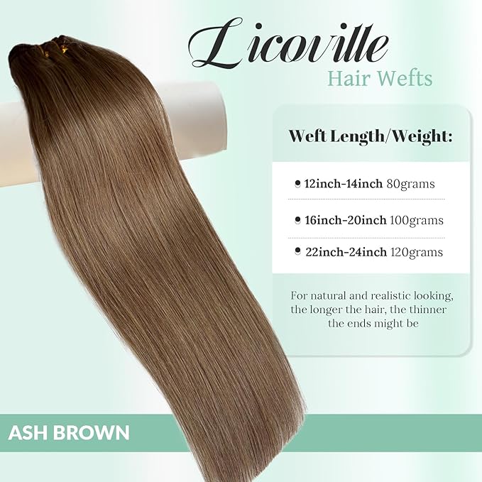 Ash Brown Sew in Weft Hair Extensions Real Human Hair 22 Inch 120G Long Straight Human Hair Weft #8 Ash Brown Hand Tied Extensions Weave Bundles Human Hair Sew in for Women