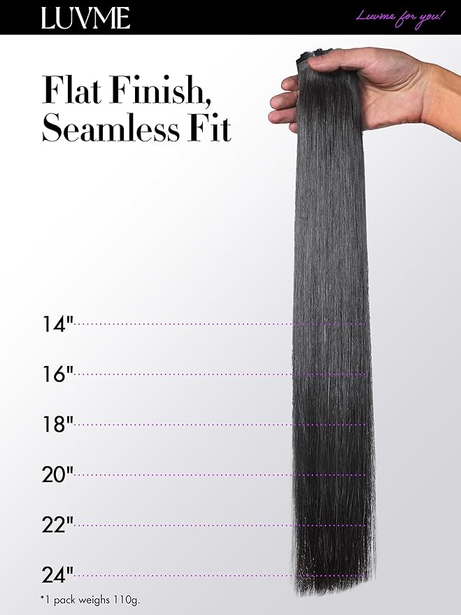 LUVME Silky Straight Seamless 110g 7Pcs Clip in Hair Extensions Full Max with 24inch Remy Human Hair Extensions, Natural Black 100% Real Soft Hair