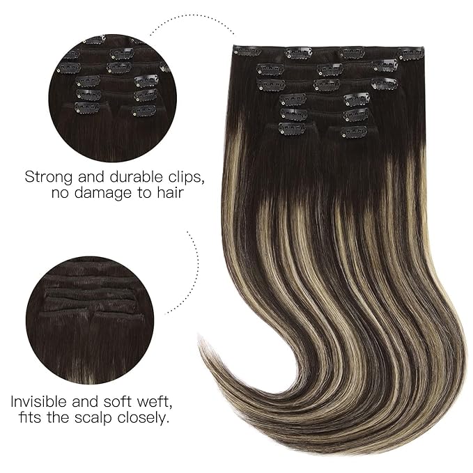 HOTBANANA Human Hair Clip in Hair Extensions, Balayage Natural Black to Light Blonde 120g Clip in Hair Extensions Real Human Hair Straight Remy Hair Clip Ins Dark Roots Ombre 24 Inch 7pcs