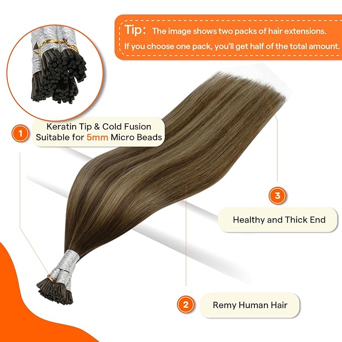 Full Shine I Tip Hair Extensions Human Hair 22 Inch 50 Grams Medium Brown to Honey Blonde and Brown Itip Human Hair Extensions Long Straight Human Hair Fusion Extensions