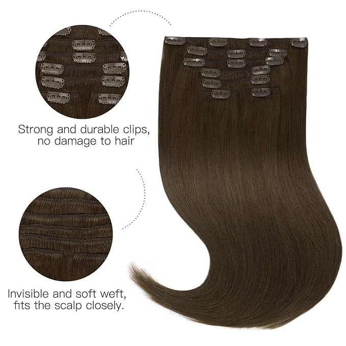 HOTBANANA Human Hair Clip in Hair Extensions, Chocolate Brown 120g Clip in Hair Extensions Real Human Hair Straight Remy Hair Clip in Hair Extensions 24 Inch 7pcs