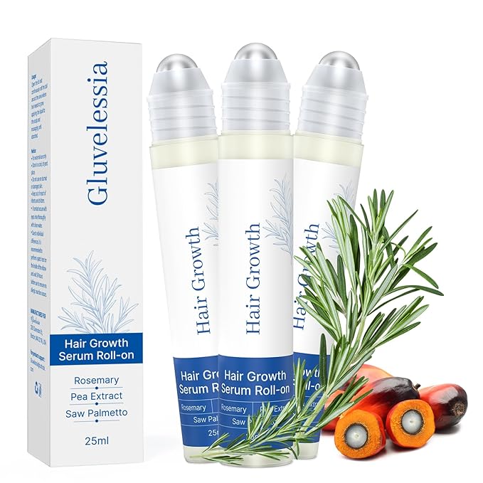 Hair Growth Serum Roll On 25ml with Saw Palmetto, Rosemary & Pea Extract，Helps Support Thicker, Fuller Hair Appearance，Clean, Non-Greasy Hair Loss Support for Men & Women Pack of 3