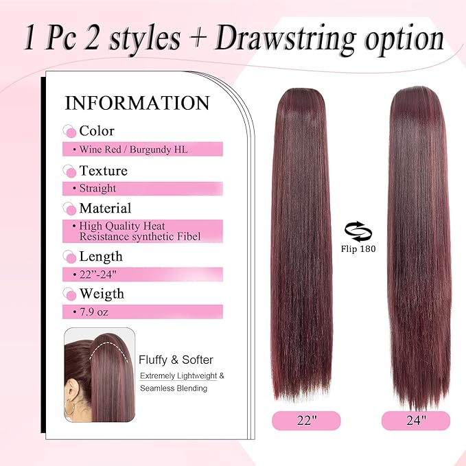 Ponytail Extension, 24" Long Straight Claw Clip Ponytail Extension clip on ponytails hair clip Hair claw clip Fake Ponytail Hairpieces for Women – Wine Red with Burgundy HL