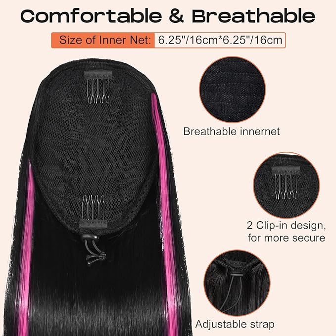 SEIKEA Ponytail Extensions Drawstring Long Straight Fake Pony Tail Natural Soft Clip in Hair Extension Synthetic Heat Resistant Hairpiece 28 Inch Natural Black with Pink Highlights