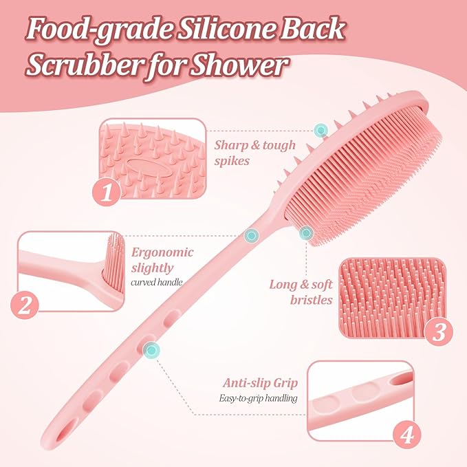 Silicone Back Scrubber & Bath Glove Set 2PCS, 13.4'' Gentle Shower Back Scrubber with Dual-Side Head Non-Slip Handle, 360° Anti-Slip Hand-fit Bath Glove for Rich Foaming Deep Cleaning(Pink)