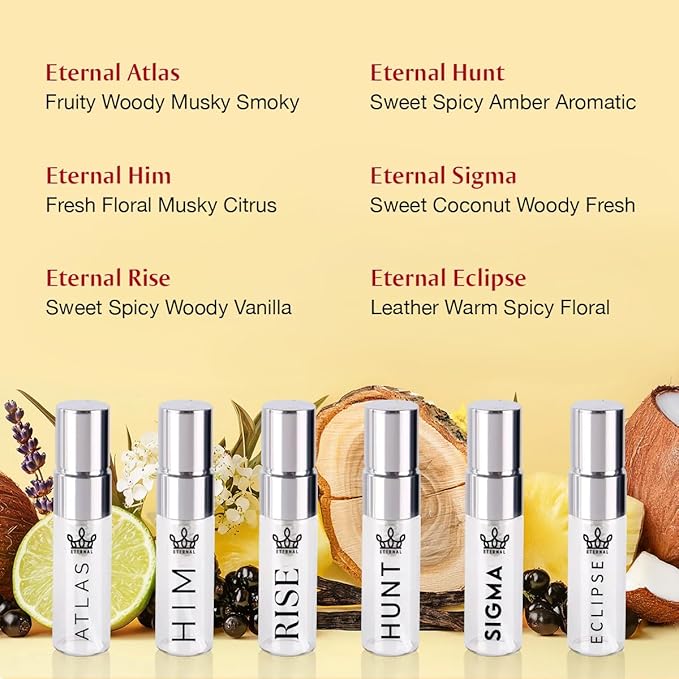 Eternal Discovery Set Men's Modern & Niche 6x3ml Sample Sprayers - Long-lasting - Clean Ingredients - Eternal Aventus - Eternal Him - Eternal Rise - Eternal Hunt - Eternal Sigma - Eternal Eclipse
