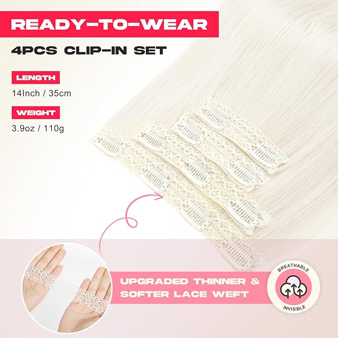 Hair Extensions, 14" Short Clip in Hair Extensions 4PCS Straight Natural Soft Synthetic Hairpiece for Women - Platinum Blonde