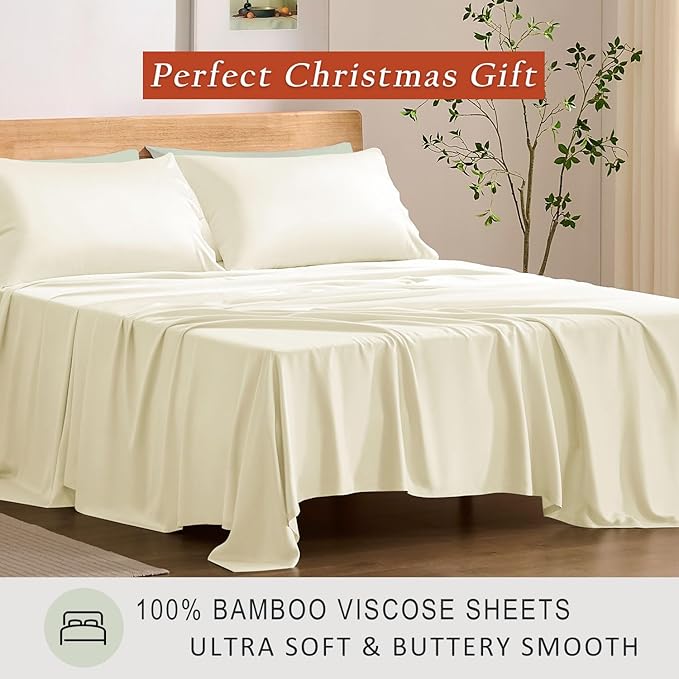 TOSMO Luxury Cooling Sheet Set - 100% Viscose from Bamboo, 4-Piece Bedding Set (King Size) - 18” Extra Deep Pockets, Oeko-Tex Certified, Silky Soft and Breathable, Vanilla Yellow