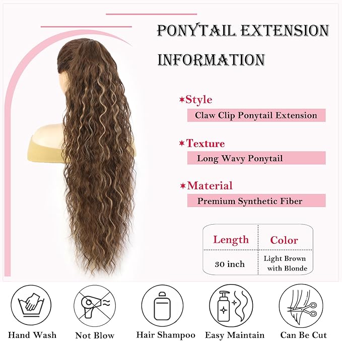 ENBEAUTIFUL 30" Claw Clip Ponytail Extension Long Wavy Ponytail Extension Synthetic Pony Tails Hair Extensions Clip in Hair pieces Fluffy Natural Looking for Women Light brown with Blonde