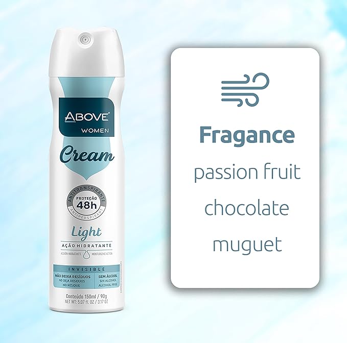 ABOVE Cream Light - 48 Hours Antiperspirant Deodorant for Women - Notes of Passion Fruit - Dry Spray Protects Against Sweat and Body Odor - Delivers Moisturizing Sensations - Alcohol Free - 3.17 oz