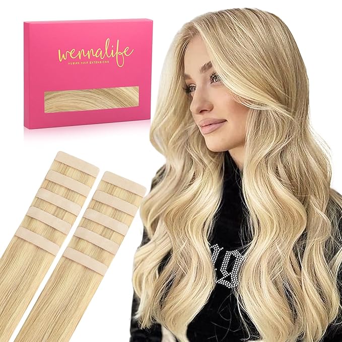 WENNALIFE Tape in Hair Extensions Human Hair Light Blonde Highlighted Golden Blonde Tape in Extensions, 10pcs 20g 12 inch Remy Invisible Tape Ins Straight Soft Real Human Hair Tape in Extensions