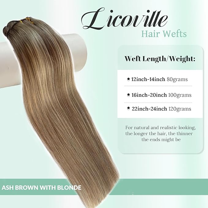Sew in Hair Extensions Human Hair Bundles Balayage Ash Brown to Ash Brown with Bleach Blonde Highlights Hand Tied Weft Hair Extensions Real Human Hair 14 Inch 80grams