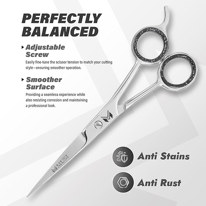 MUSI Hair Scissors 6.5" – 420 Japanese Stainless Steel Standard Hair Cutting Scissors – Premium Barber Shears for Professional Haircut – Silver Sharp Shears with Hair and Beard Comb
