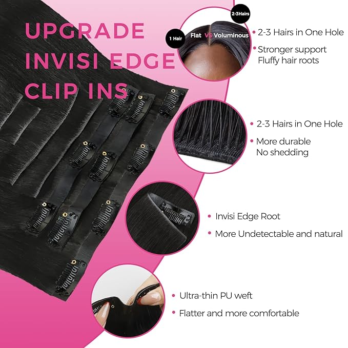 Lashey Invisi Edge Clip in Hair Extensions 16 Inch 110g 7pcs Injected Seamless PU Clip in Hair Extensions Virgin Human Hair, Natural Black Yaki Straight Hair