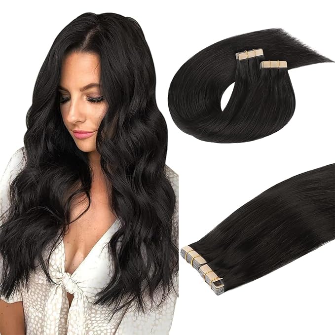 DOORES Hair Extensions Tape in Human Hair Natural Black 18 Inch 40pcs 100g, Remy Seamless Straight Real Human Hair Extensions