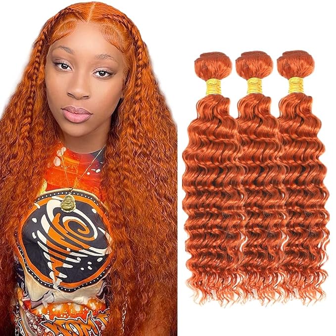12 14 16 Inch Ginger Bundles Human Hair #350 Orange Deep Wave 3 Bundle Unprocessed Brazilian virgin hair Weave Extensions Double Weft 50 Grams/Bundle Colored Ginger Bundles for Woman