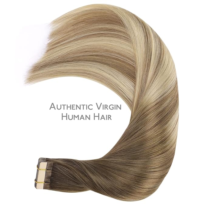 WENNALIFE Tape in Hair Extensions Human Hair, 20pcs 14 inch 50g Ombre Walnut Brown to Ash Brown and Bleach Blonde Remy Tape Hair Extensions Real Human Hair Tape Extensions Coloured Hair Extensions