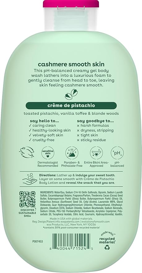 eos Cashmere Body Wash – Crème de Pistachio, Moisturizing Body Wash, Creamy Gel Formula, with Shea Butter, Glycerin, Vitamin E, pH Balanced, Sensitive Skin, Vegan, 16 fl oz