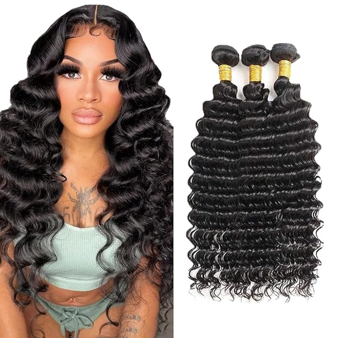 Deep Wave Bundles Human Hair #1B Deep Wave Bundles 16 18 20 inch Human Hair Bundle Wet and Wavy Bundle 300g
