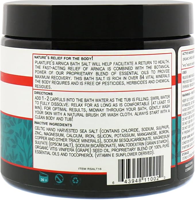 Plantlife Arnica Relieve Mineral Bath Salts - Made with Arnica and 100% Pure Essential Oils - Relieve Products are a Homeopathic Solution for Everyday Use - Works Quickly and Effectively - 16 oz
